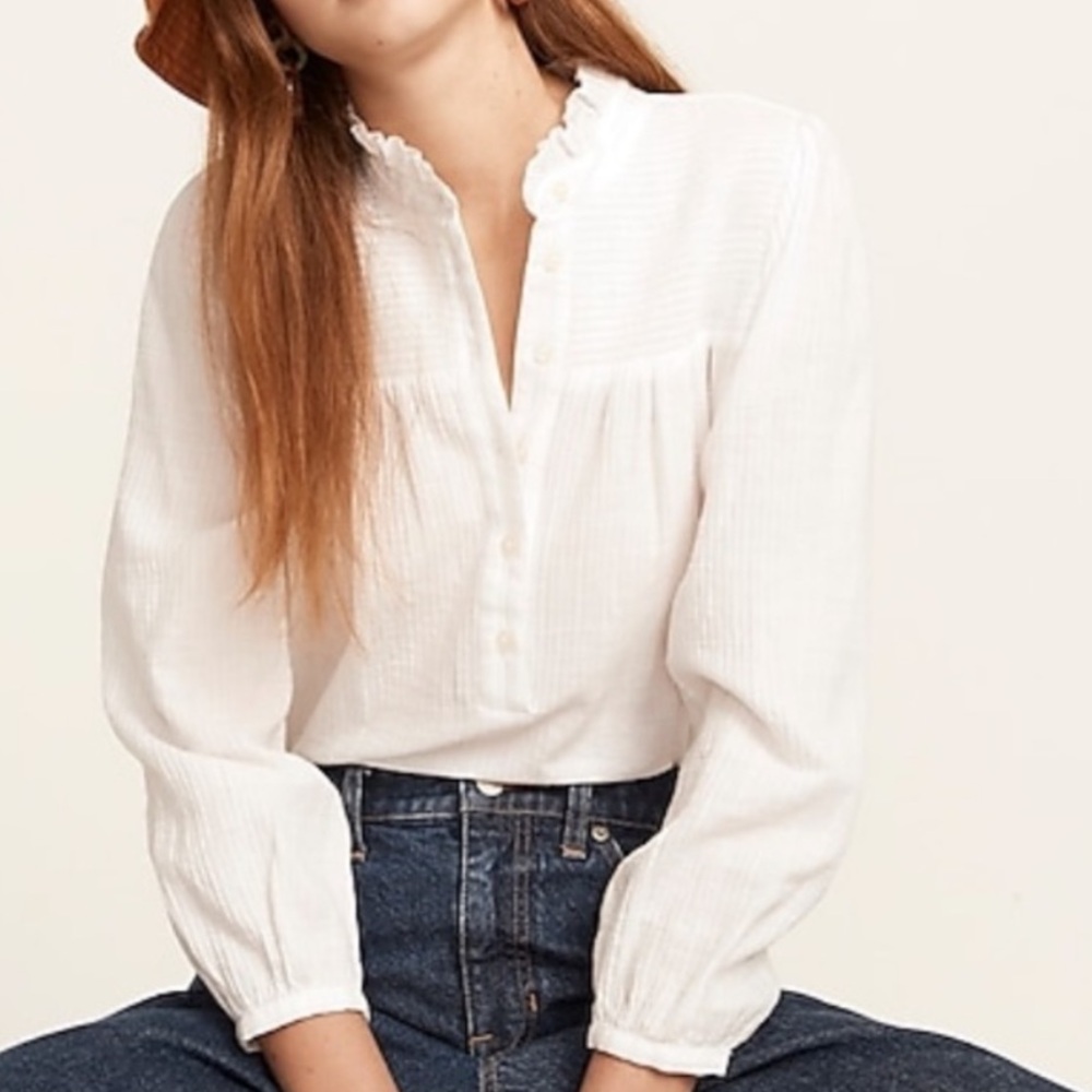 J. Crew White Puff Sleeve Smocked Blouse